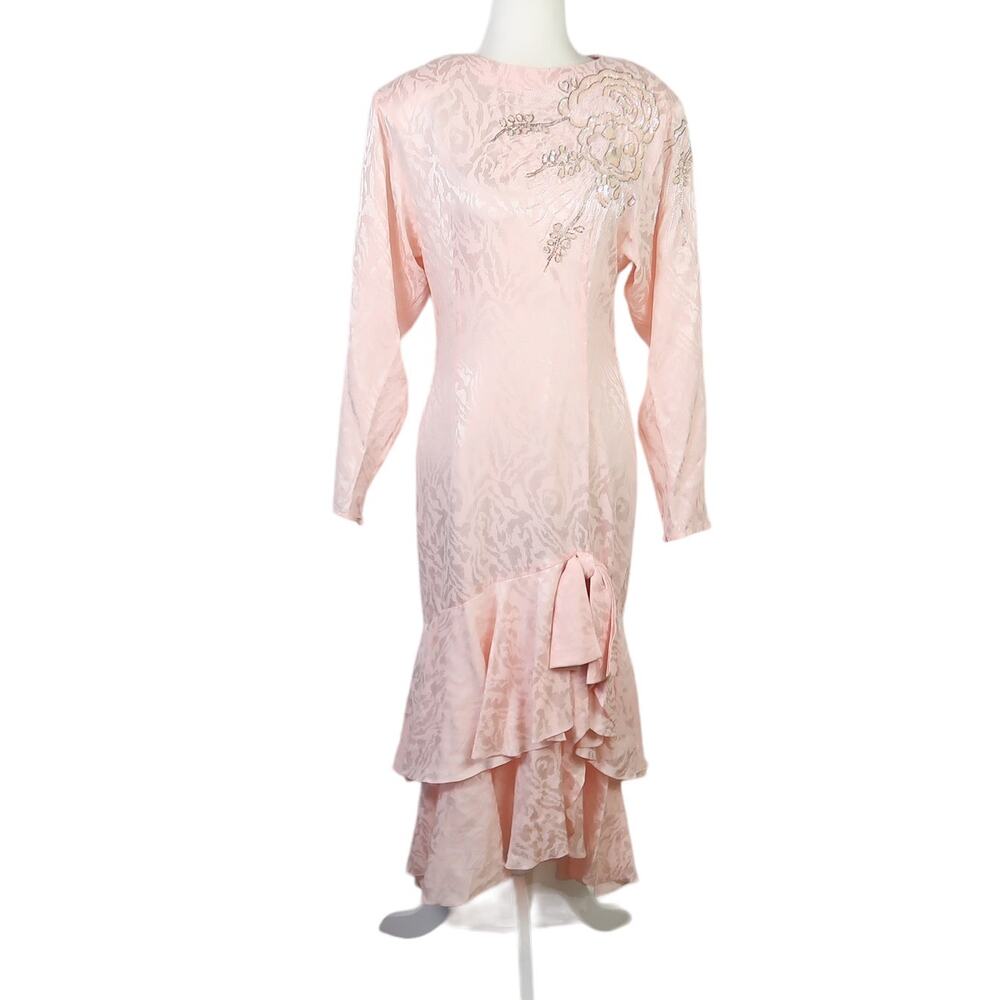 Vintage 90s AJ Bari light pink silk floral beaded cocktail midi dress 6